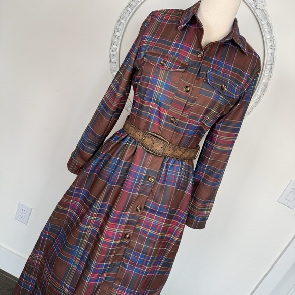 The Unbranded Brand Dresses & Skirts - Tartan Plaid Long Sleeve Button Front maxi Dress Belt Womens S-M preppy